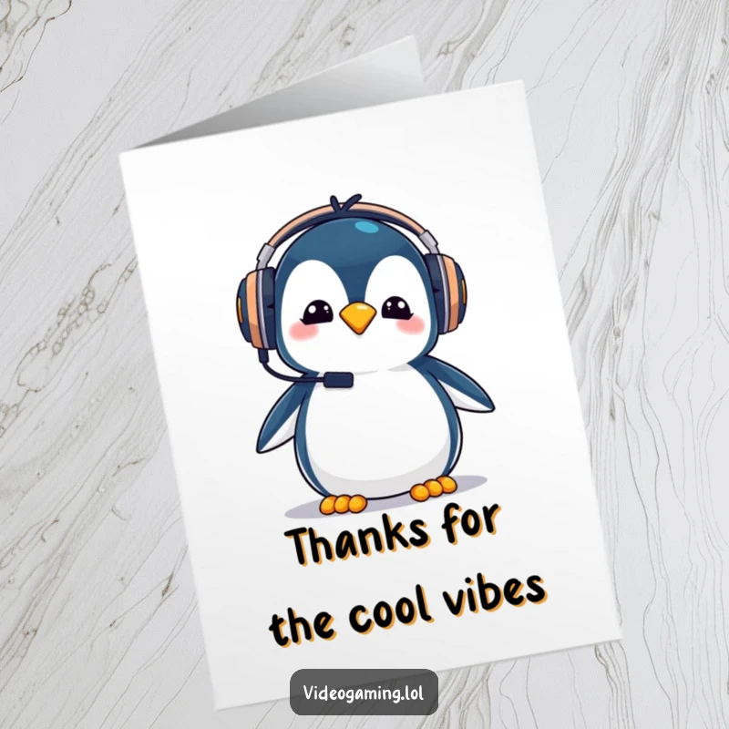 Funny Free Printable Thank You Card: Goofy penguin in oversized gaming headphones, looking adorable and saying thanks.