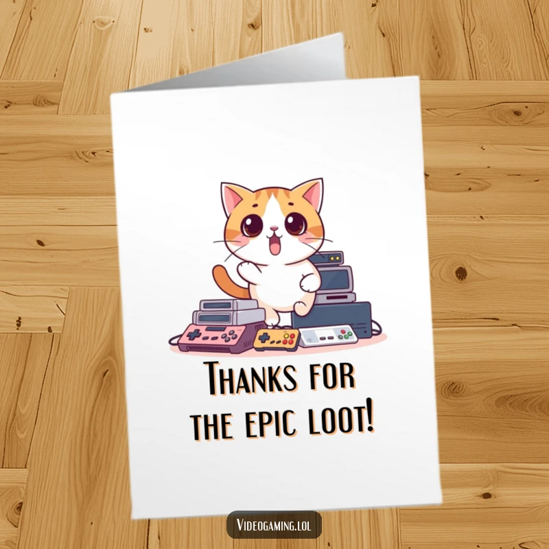 Funny Free Printable Thank You Card: A surprised cat falling over video game consoles, a lighthearted thank you.
