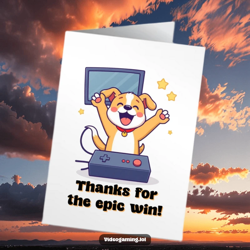 Funny Free Printable Thank You Card: Ecstatic dog jumping for joy, holding a video game controller, expressing thanks.