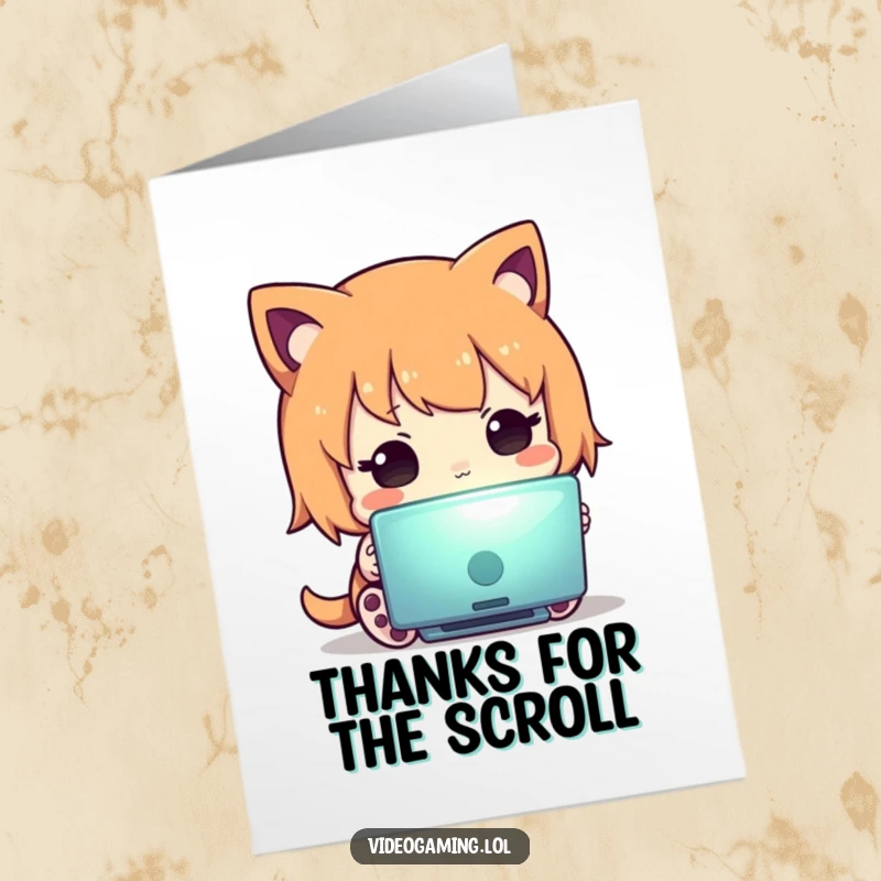 Funny Free Printable Thank You Card with a curious character staring at a screen, conveying thanks in a unique way.
