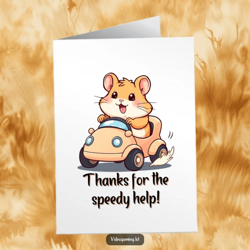 Funny Free Printable Thank You Card: Happy hamster giving a thumbs-up from a tiny race car, expressing thanks.