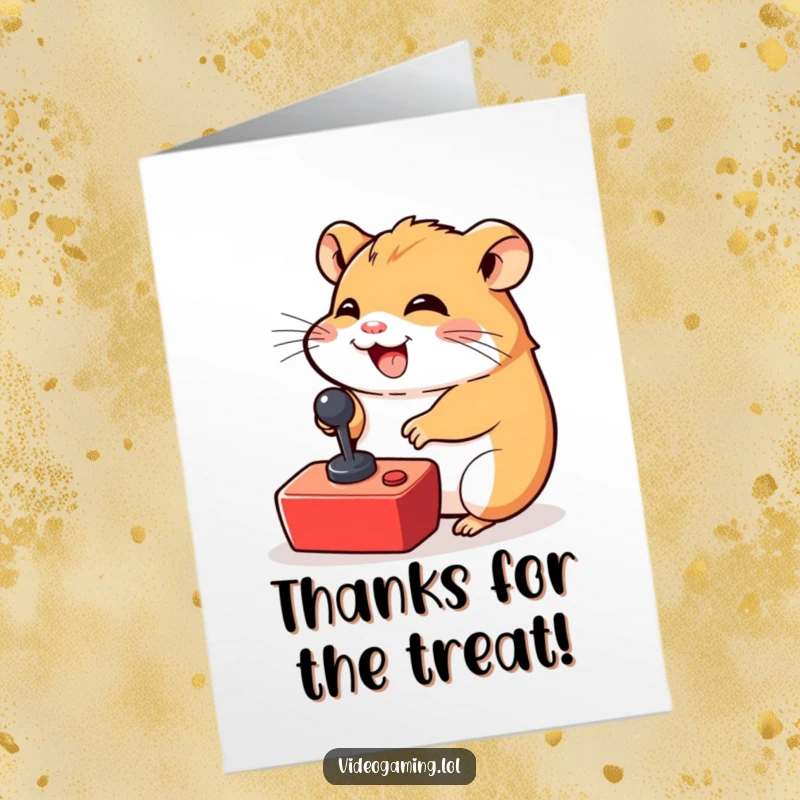 Funny Free Printable Thank You Card: A giggling hamster furiously working a tiny joystick, expressing thanks with energetic charm.