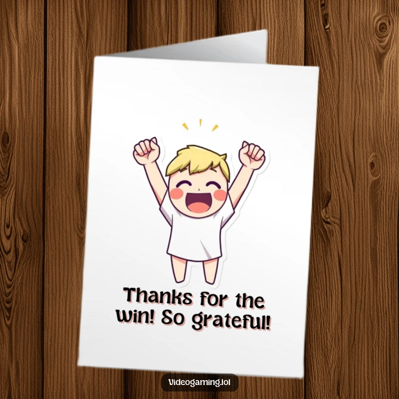 Funny free printable thank you card featuring a happy character with arms raised high, celebrating victory and expressing thanks.