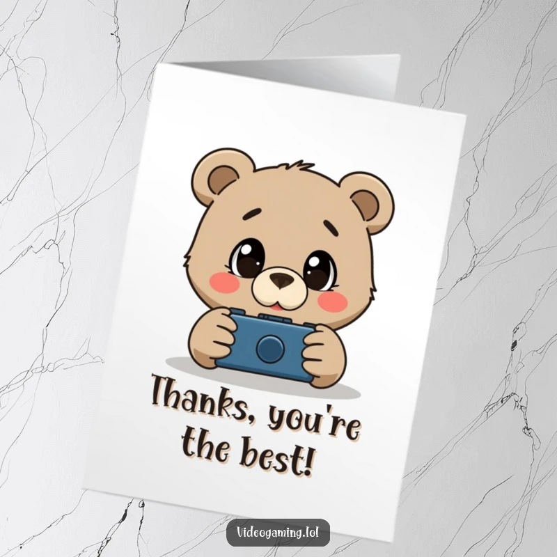 Funny Free Printable Thank You Card: A bear captivated by a game screen, showing gratitude, a unique thank you.
