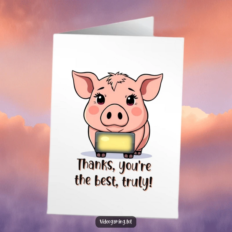 Funny Free Printable Thank You Card: A determined pig intently focused on a glowing screen, sending a thank you message.