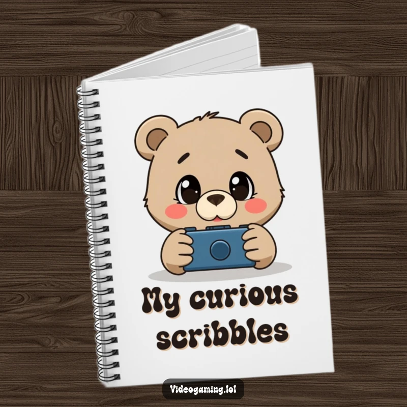 Funny notebook showcasing a curious bear with wide, amazed eyes observing a video game, perfect for notes.