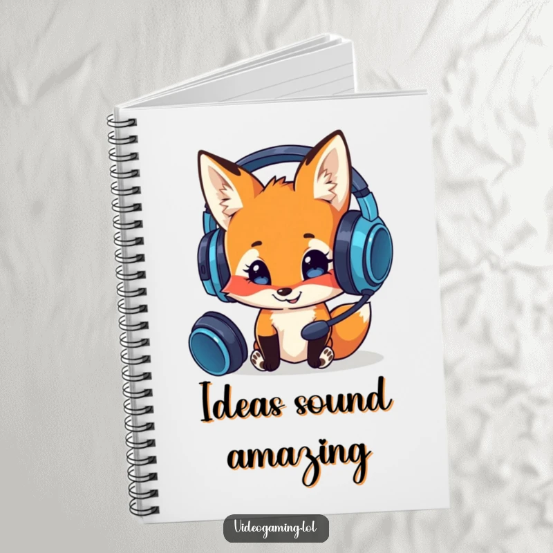 Funny notebook cover with a curious fox smiling and examining a gaming headset, a humorous companion for gamer thoughts.