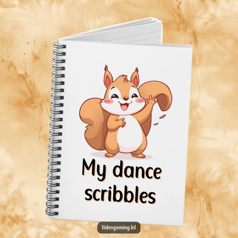 Funny notebook cover shows a happy squirrel doing a victory dance, pen in paw. Great for notes.