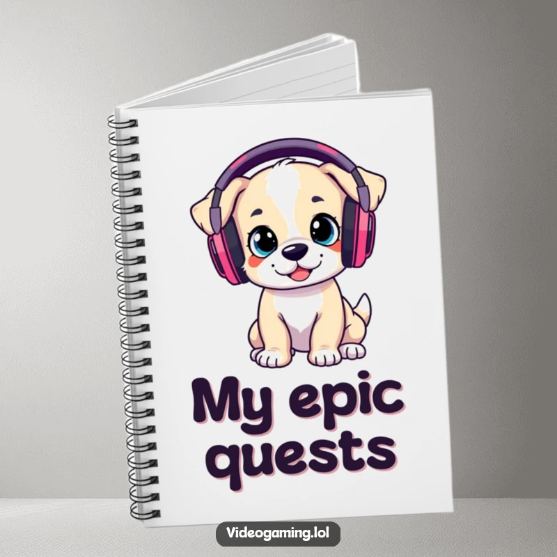 Funny Notebook: A playful puppy wears oversized gaming headphones, ready to record your gaming strategies and ideas.