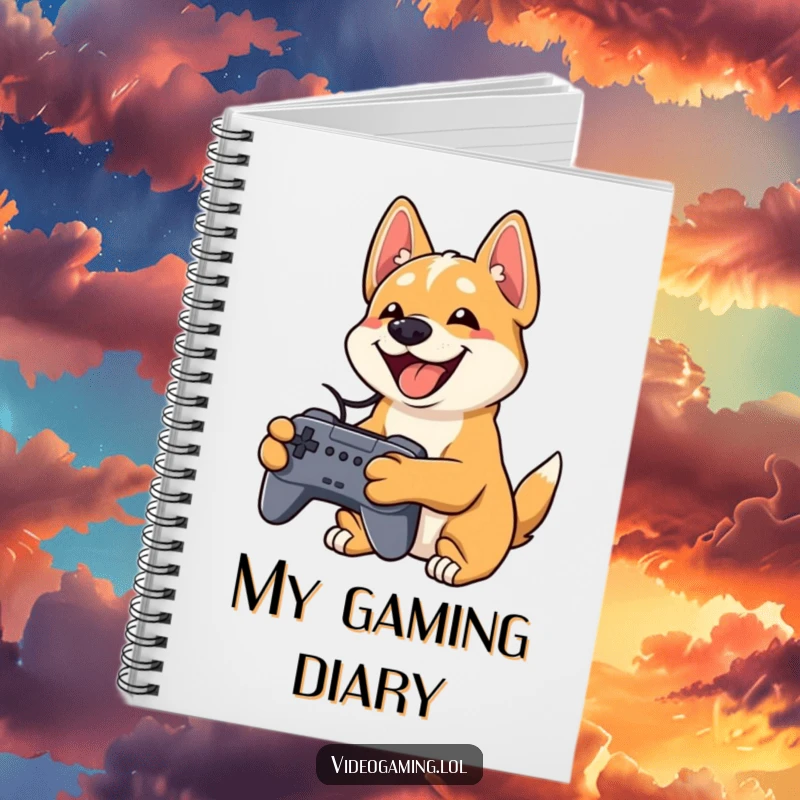 Funny dog notebook with a playful dog widely grinning while holding a video game controller, ideal for notes.