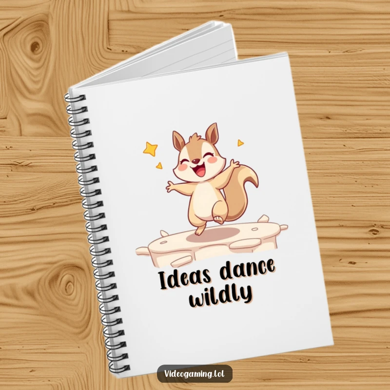 Funny notebook showcasing a giggling squirrel dancing after winning a game level, ideal for planning and notes.