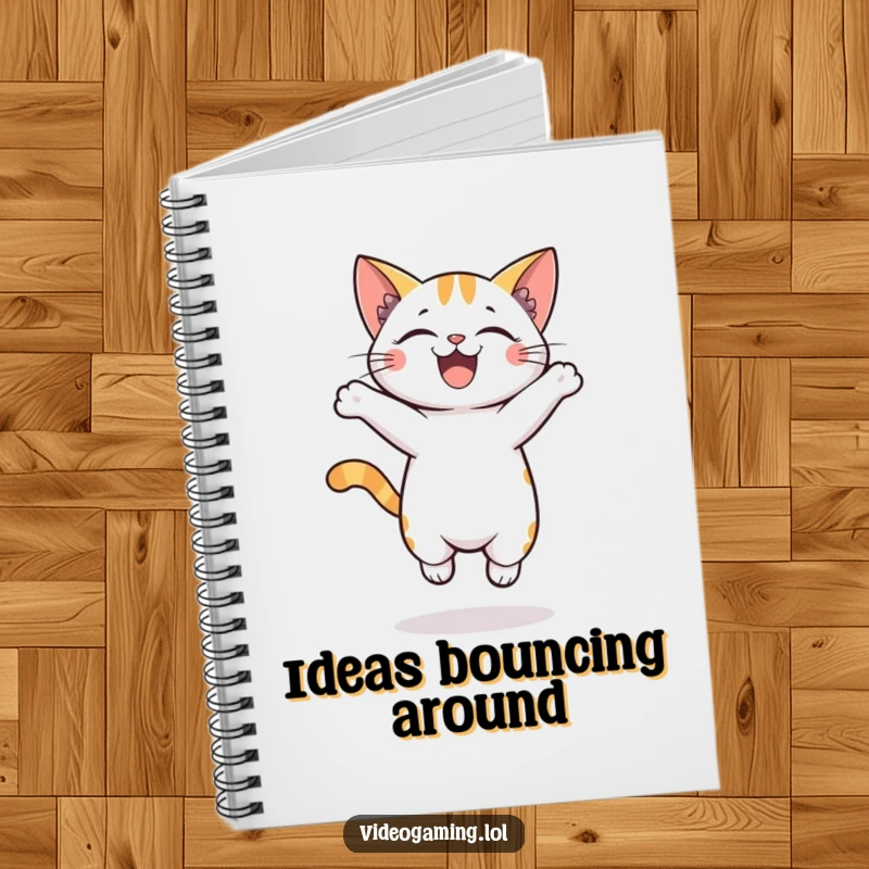 Funny notebook with a cover depicting an excited cat jumping joyfully, inspiring creativity and playful note-taking.