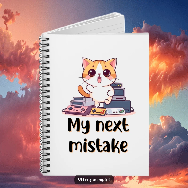 Funny notebook cover with a surprised cat hilariously tripping over video game consoles, a humorous companion for gamer thoughts.