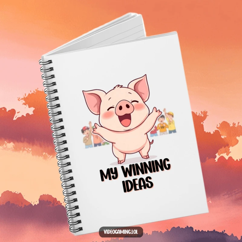 Funny notebook cover shows a giggling piglet cheering loudly, pom-poms in hoof. Great for notes.