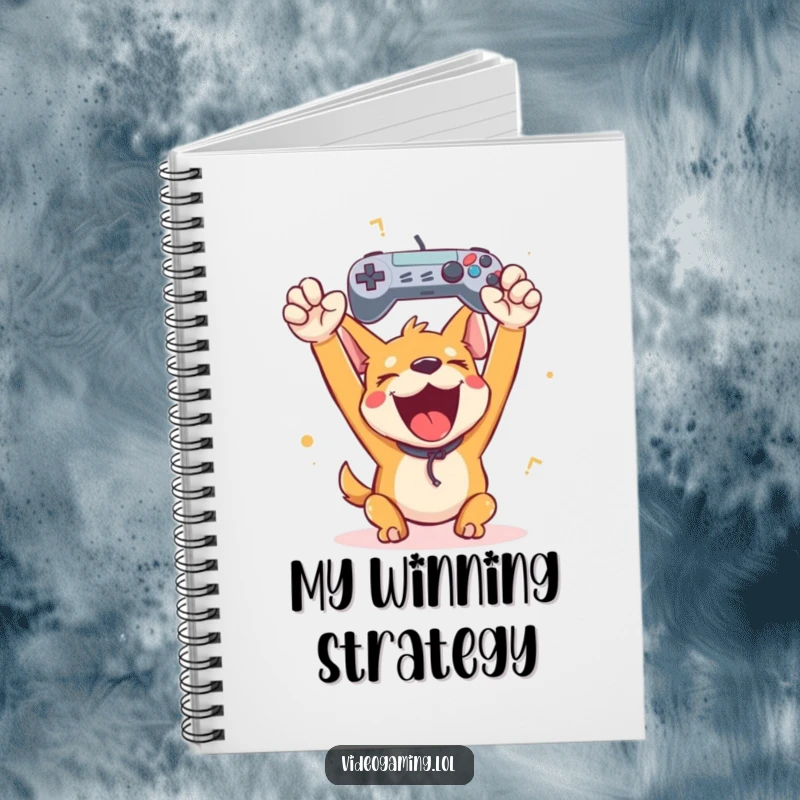 Funny happy dog holding a game controller aloft on a notebook design, inspiring victorious and humorous entries for users.