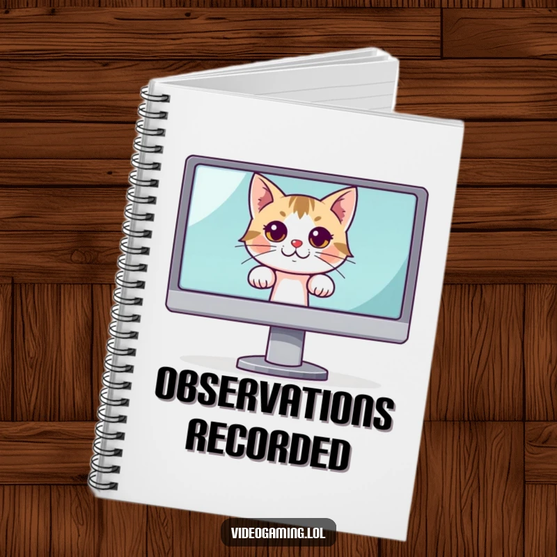 Funny notebook with a curious cat peeking from behind a large monitor, designed for jotting down observant ideas.