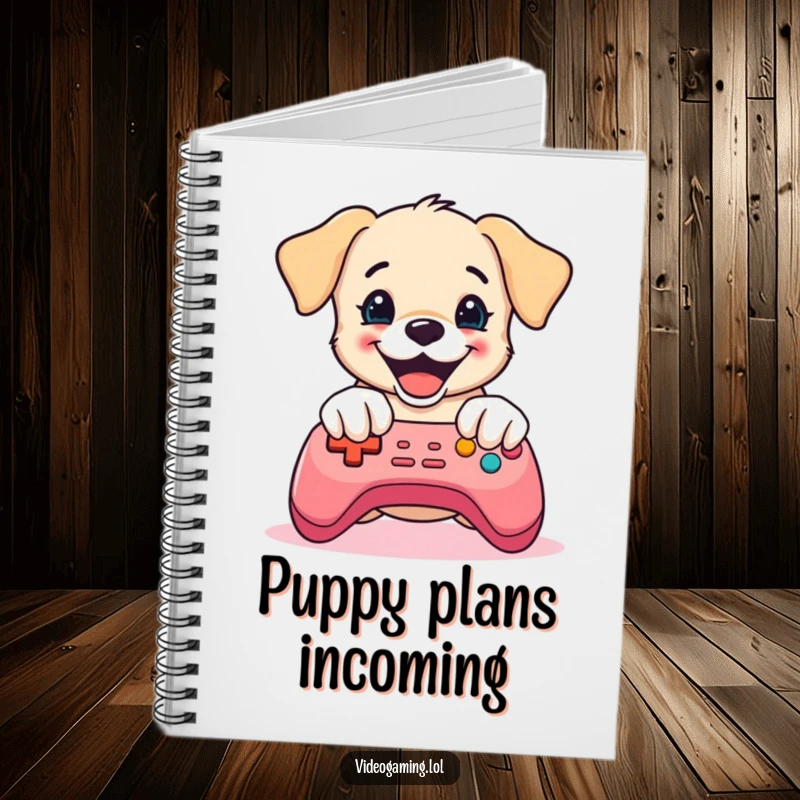 Funny Puppy Gaming Notebook: A delighted puppy mashes game controller buttons across the cover, inspiring fun note-taking.