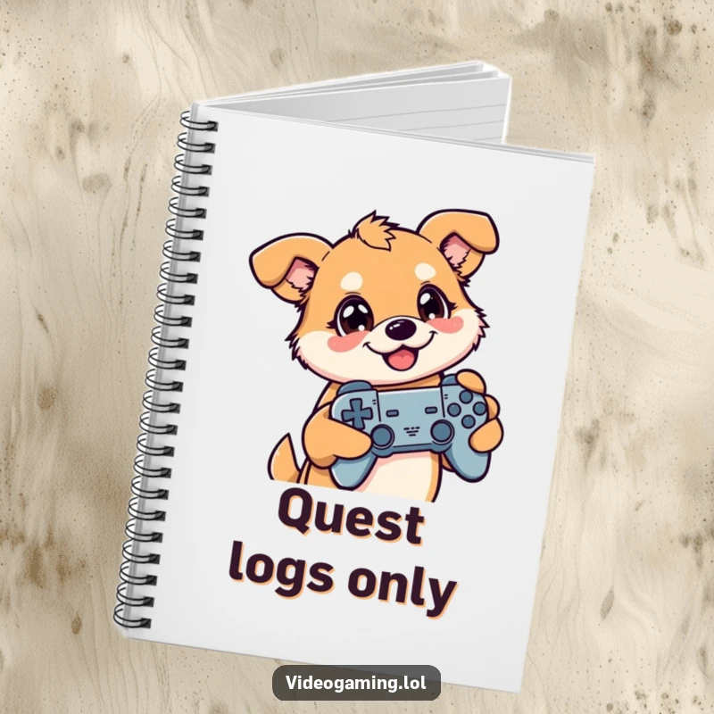 Funny notebook cover featuring a dog joyfully gaming, ideal for notes and strategy planning.