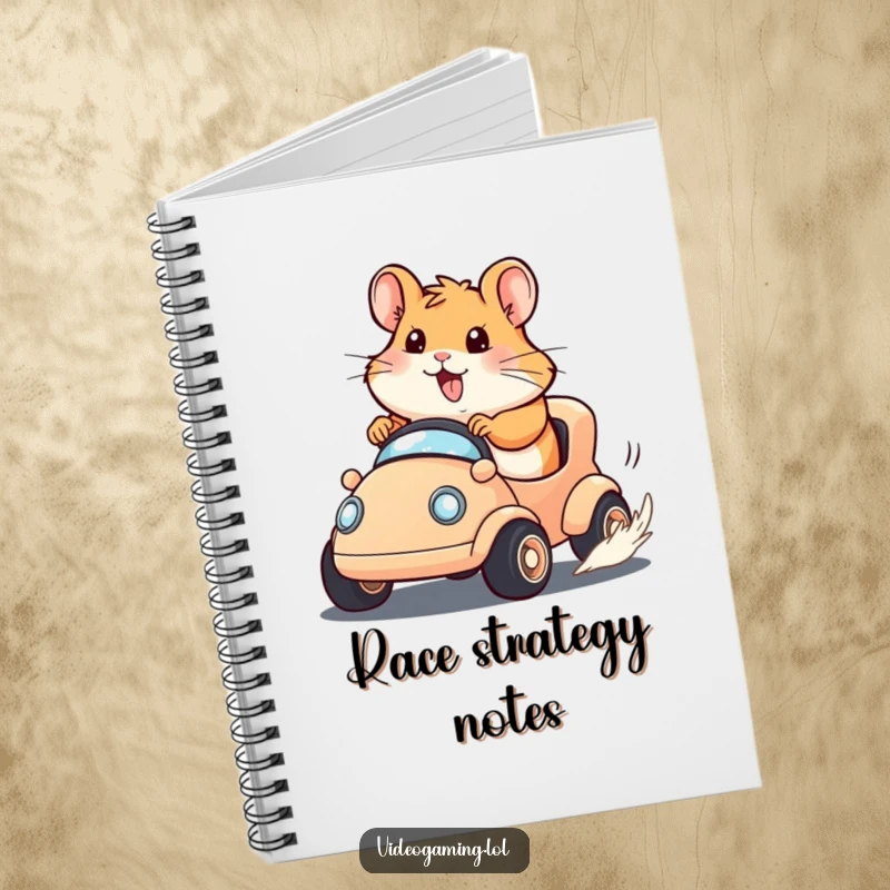 Funny Hamster Race Notebook showing a happy hamster determinedly racing a tiny virtual vehicle, ready to help you focus on goals.