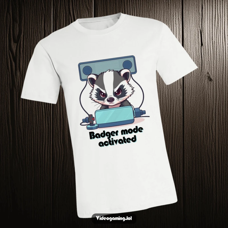 Funny Badger T-Shirt: A determined badger intently eyes its virtual opponent, showcasing unwavering gaming concentration.