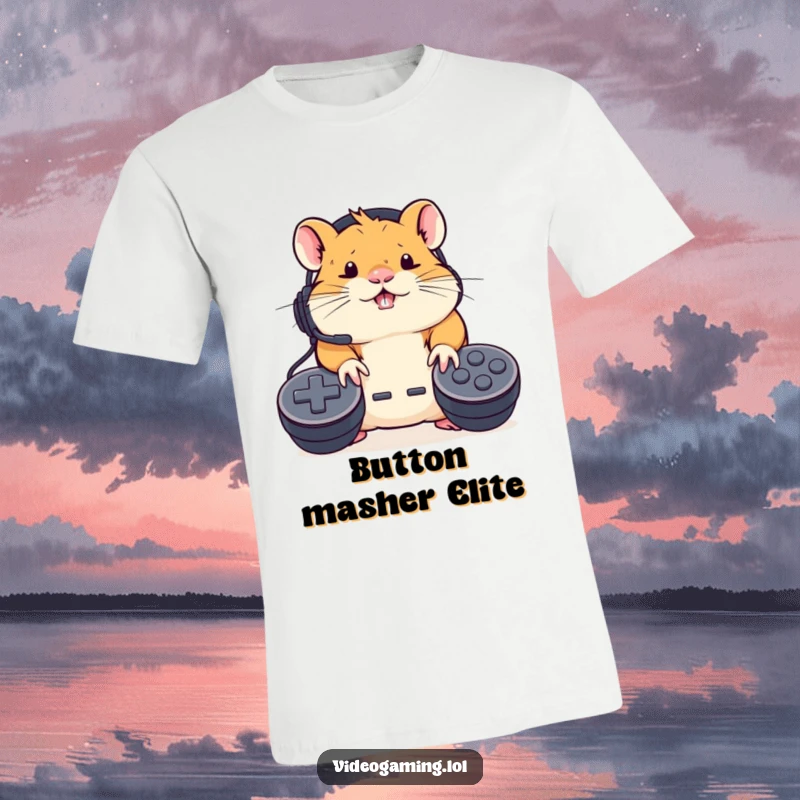 Funny Hamster Gamer T-Shirt: A determined hamster with a headset frantically presses video game controller buttons.