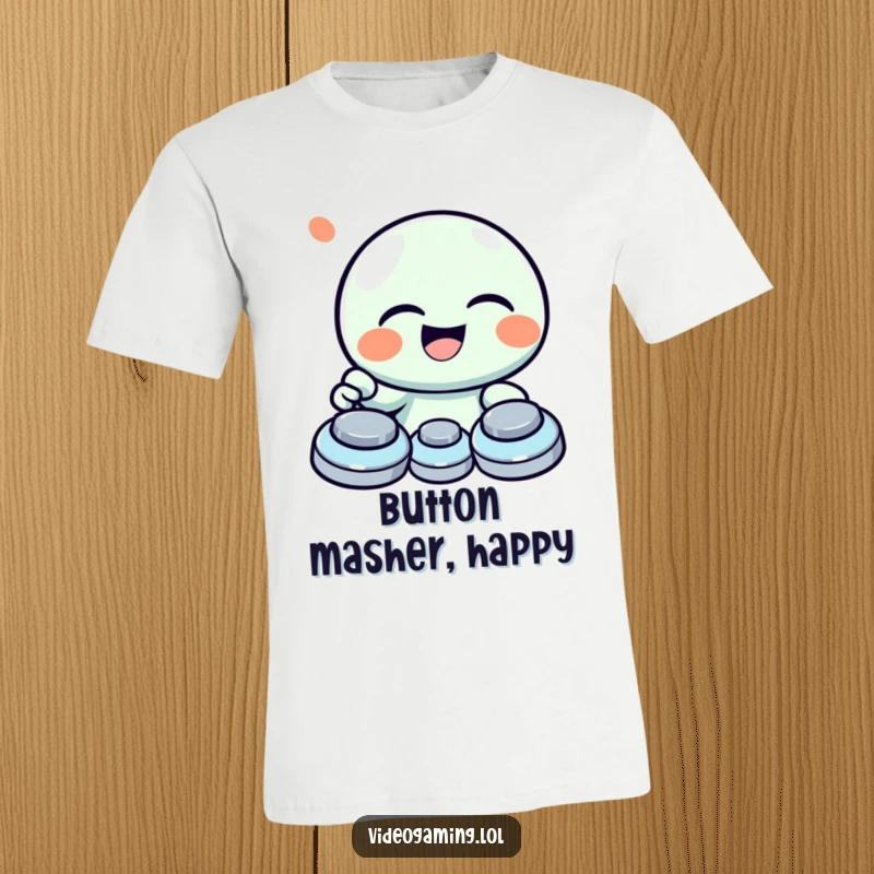 Funny t-shirt graphic of a giggling character laughing heartily while rapidly mashing game controller buttons.
