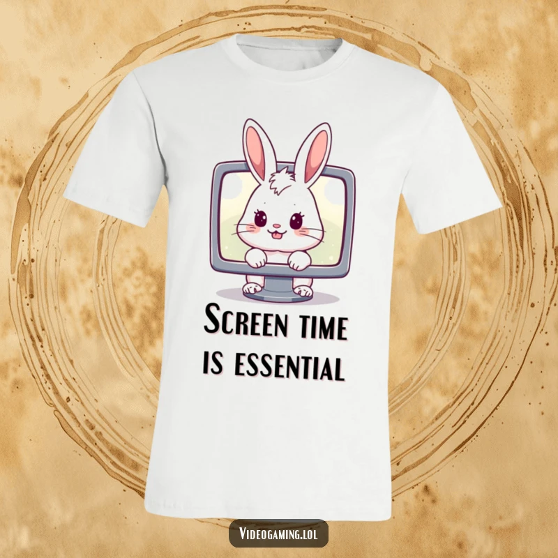 Funny t-shirt with a cheerful rabbit intensely focused on a luminous computer monitor, representing gamer concentration humorously.