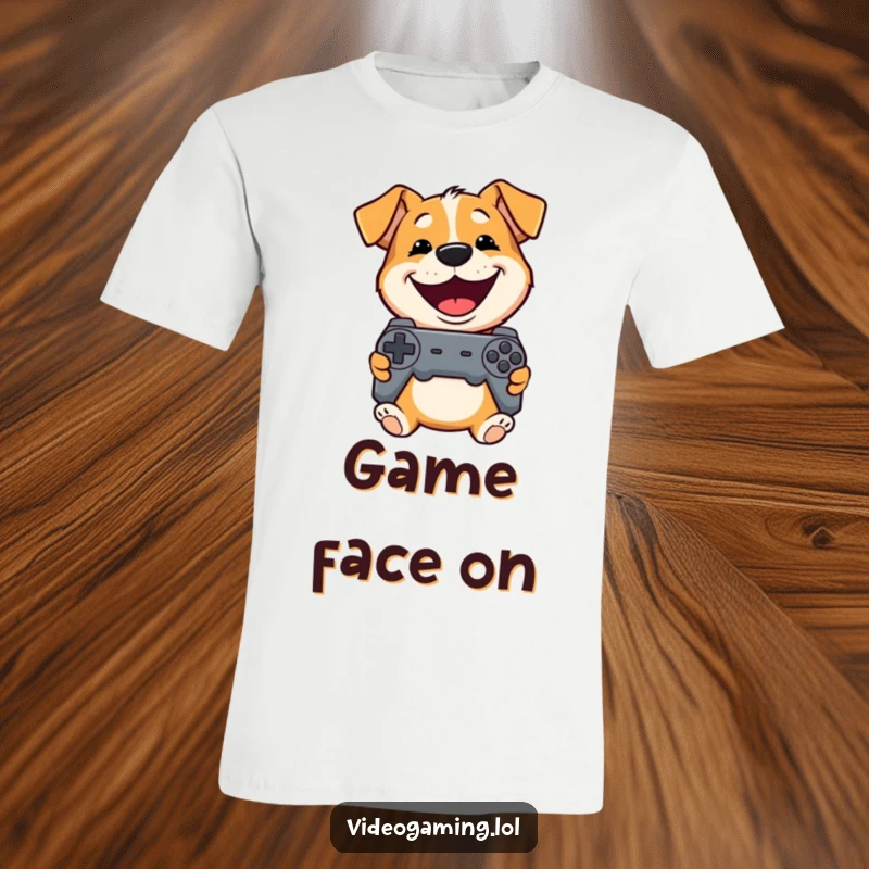 Funny Dog T-Shirt: A playful dog grins widely while holding a controller, radiating pure gaming excitement and fun.