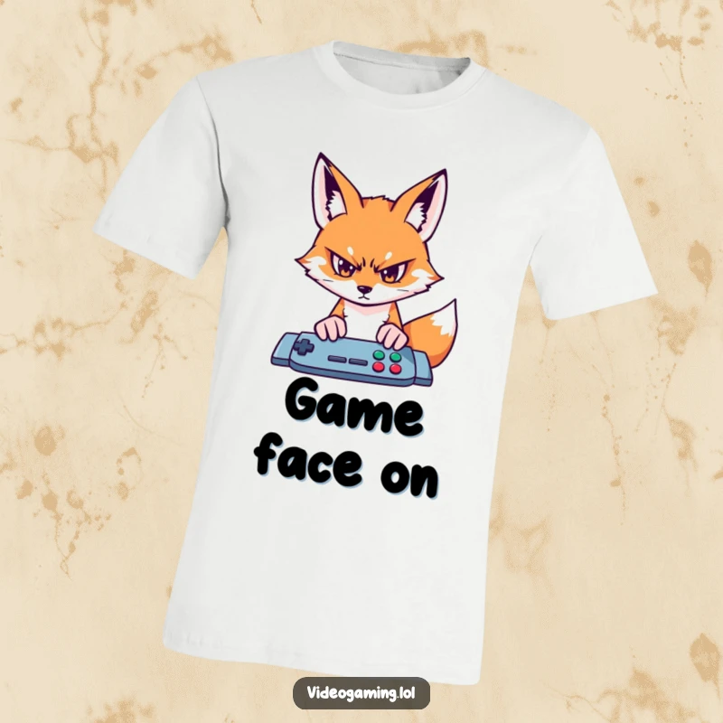 Funny fox gamer t-shirt, staring intently at a video game screen, conveying deep concentration.