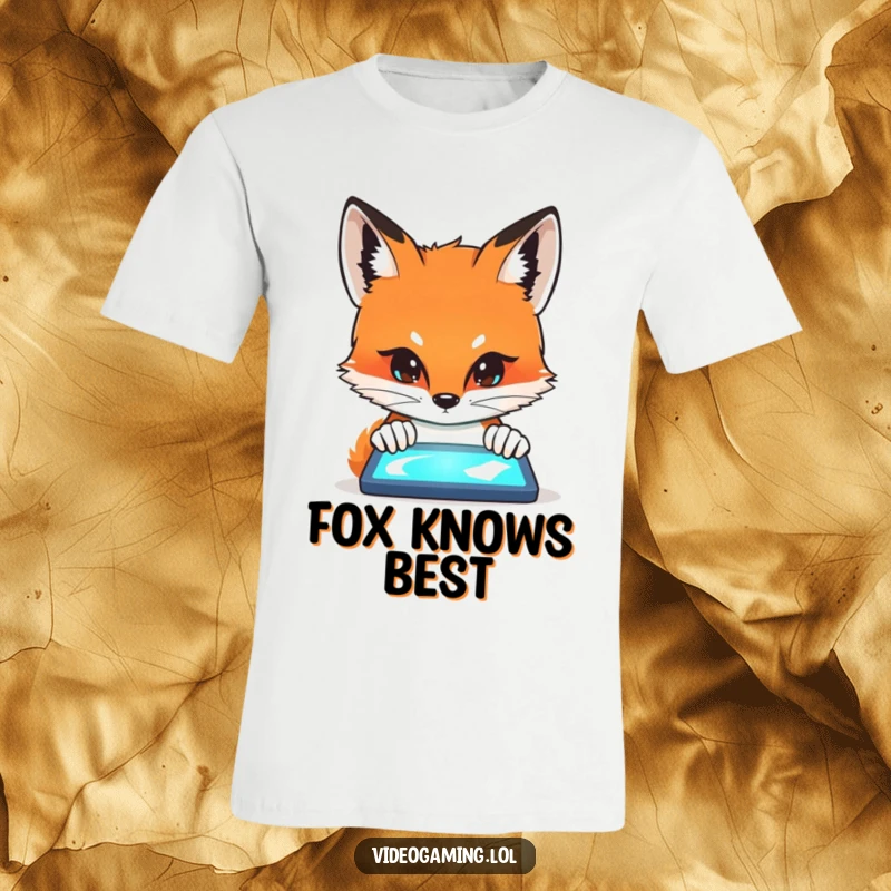 Funny Fox Screen Stare T-Shirt depicting a curious fox intensely gazing at a glowing screen, highlighting its focused attention.
