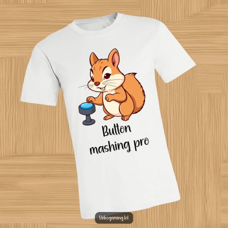 Funny t-shirt featuring a determined squirrel furiously mashing virtual buttons during intense gaming, a cartoon character representing gamer focus.