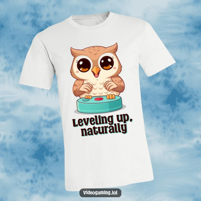 Funny owl t-shirt of a joyful bird with wide, focused eyes playing a video game, a hilarious gamer statement.