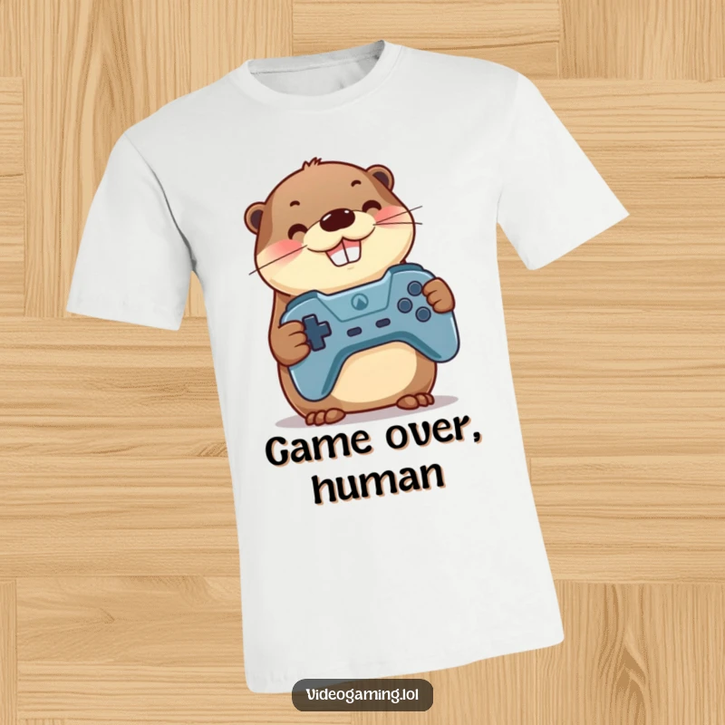 Funny Otter T-Shirt: A proud otter gamer with a massive grin enthusiastically holds a video game controller.