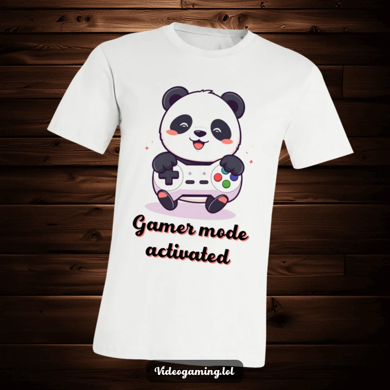Funny t-shirt graphic of a playful panda rapidly mashing buttons on a game controller with a look of concentration.