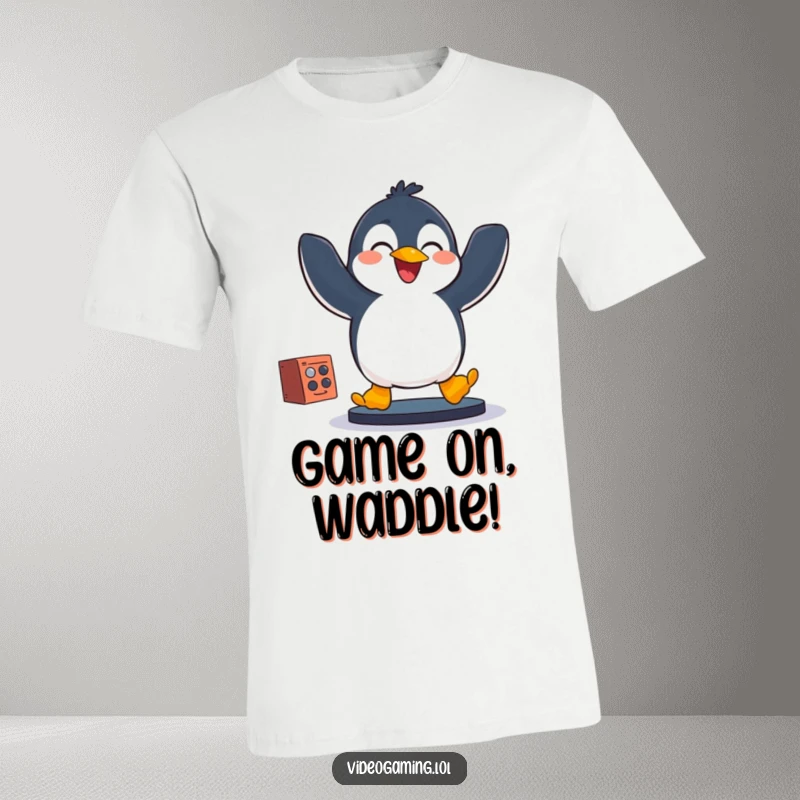 Funny penguin mid-air, arms raised in excitement while playing a game, a hilarious gamer t-shirt.