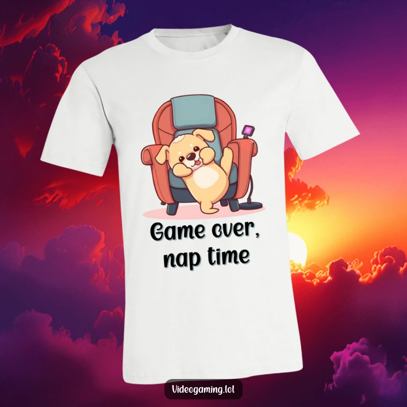 Funny puppy t-shirt featuring a cute, clumsy puppy tumbling backward out of a gaming chair, looking utterly surprised and happy.