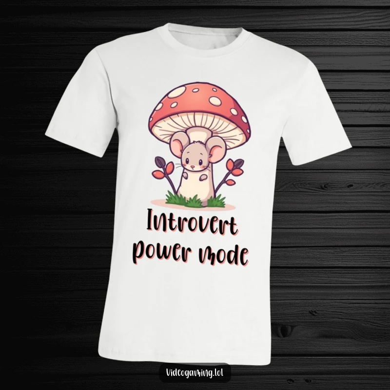 Funny t-shirt with a timid mouse character peeking out from behind a large pixelated mushroom, feeling shy.