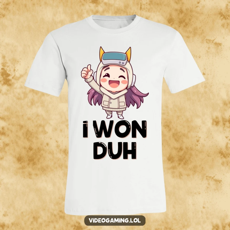 Funny t-shirt featuring a happy character celebrating a virtual win with a fist pump; great for gamers and achievers.