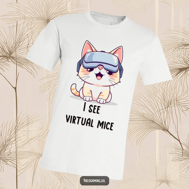 Funny VR cat t-shirt: A joyful cat wearing a virtual reality headset, completely absorbed in a surreal digital landscape. Great funny gift.