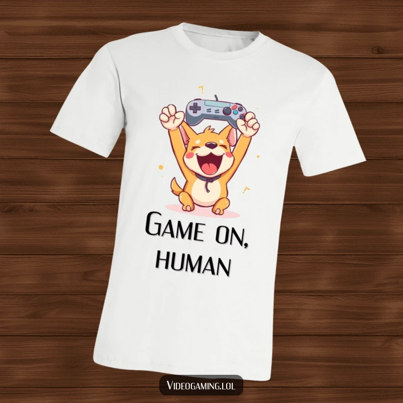 Funny happy dog raising a game controller in a wild cheer, showcasing ultimate gamer victory and doggy delight.