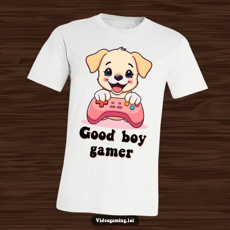 Funny Puppy Gaming T-Shirt: A delighted puppy mashes game controller buttons with intense focus and adorable chaos.