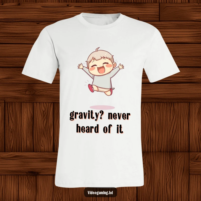 Funny t-shirt featuring a giggling character attempting an exaggerated, clumsy jump with exuberant, joyful motion.
