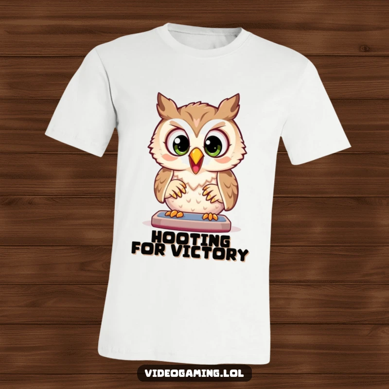 Funny Owl T-Shirt: A joyful owl intensely plays a game with wide, focused eyes, embodying gamer concentration and fun.