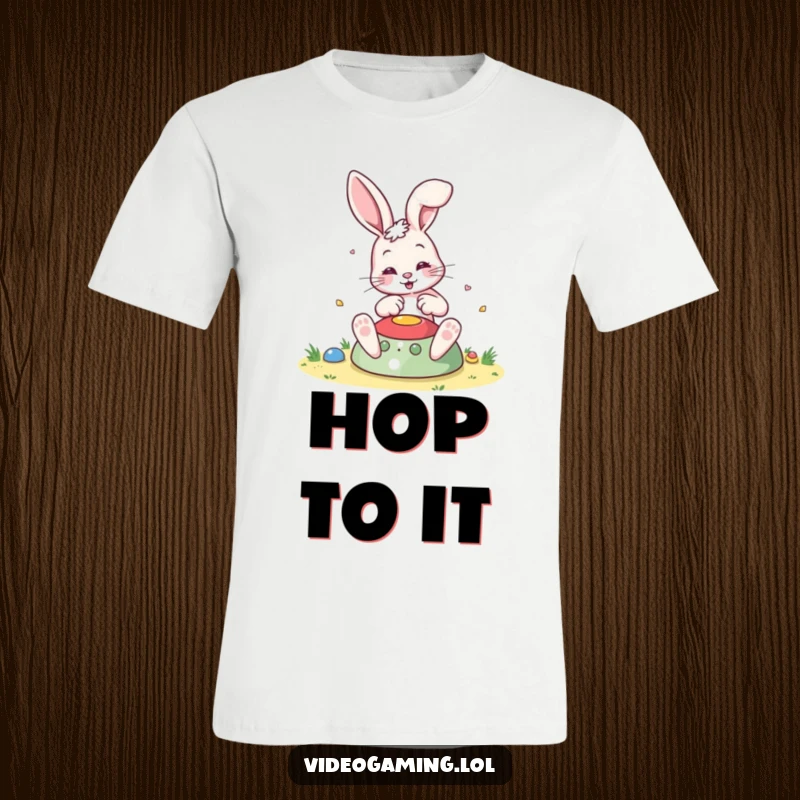 Funny Bouncing Bunny T-Shirt, actively playing a colorful game with joyful bounce, perfect for game lovers seeking humor.