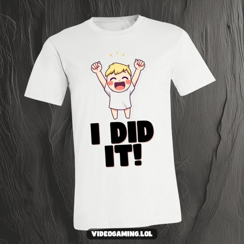 Funny happy character with arms raised high celebrating a victory, a humorous graphic tee for achievers.