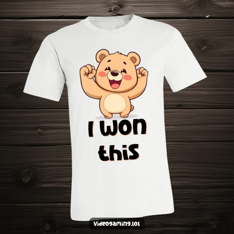 Funny t-shirt graphic of a very happy bear pumping its fist in the air to signify a triumphant win.