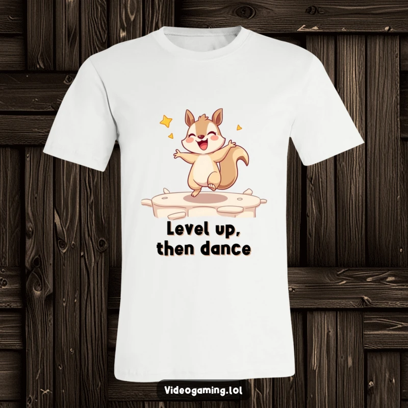 Funny t-shirt depicting a giddy squirrel dancing ecstatically after successfully completing a challenging video game level.