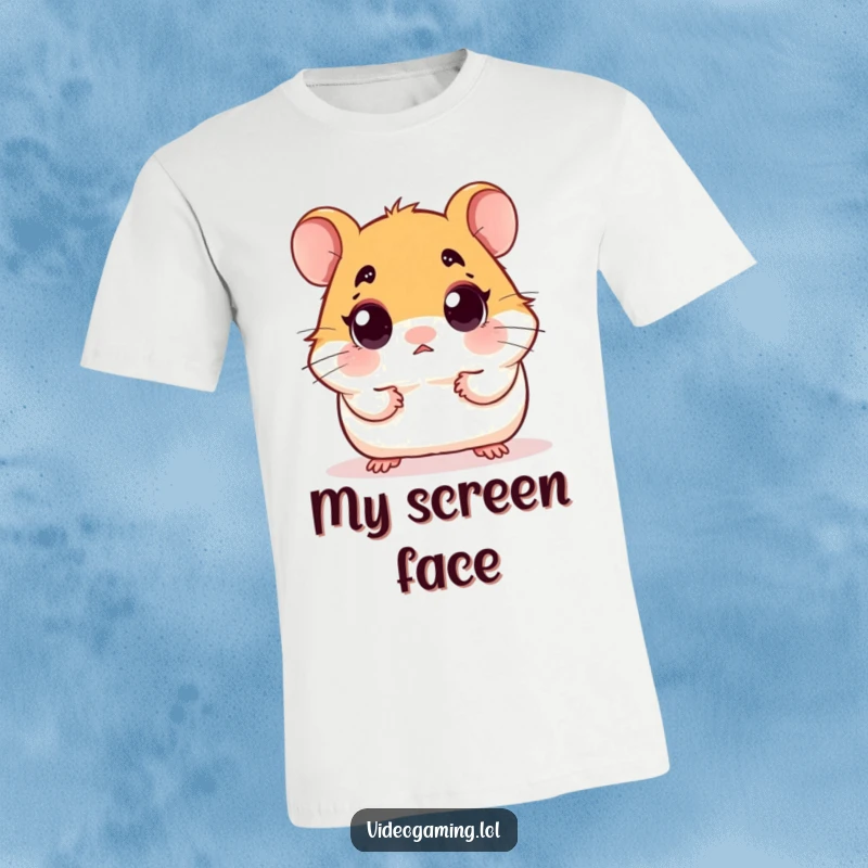 Funny t-shirt graphic of a hamster with comically enlarged eyes, fixated on a screen with a look of utter surprise.
