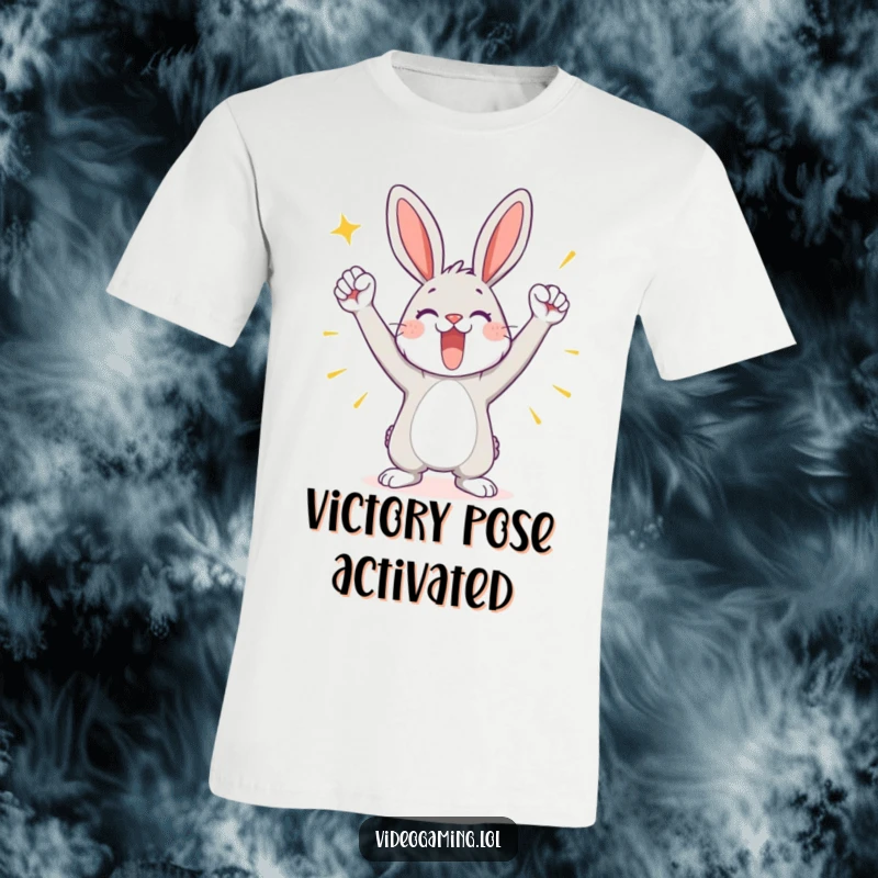 Funny t-shirt design of a playful bunny striking a triumphant pose, celebrating a victory with joyful exuberance.