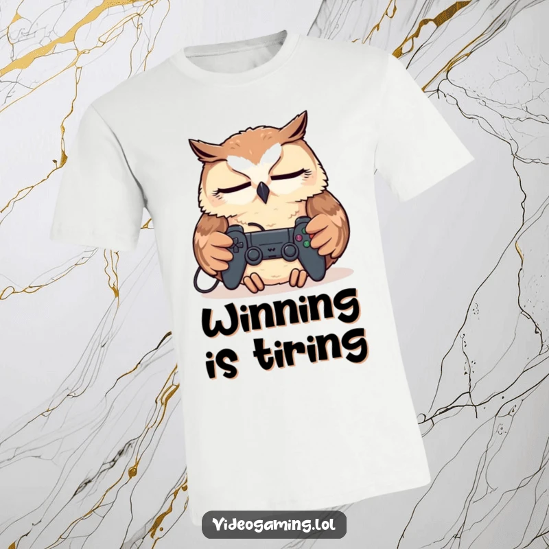 Funny Tired Owl T-Shirt, snoozing peacefully with a game controller on its chest, a humorous sight for sore eyes.